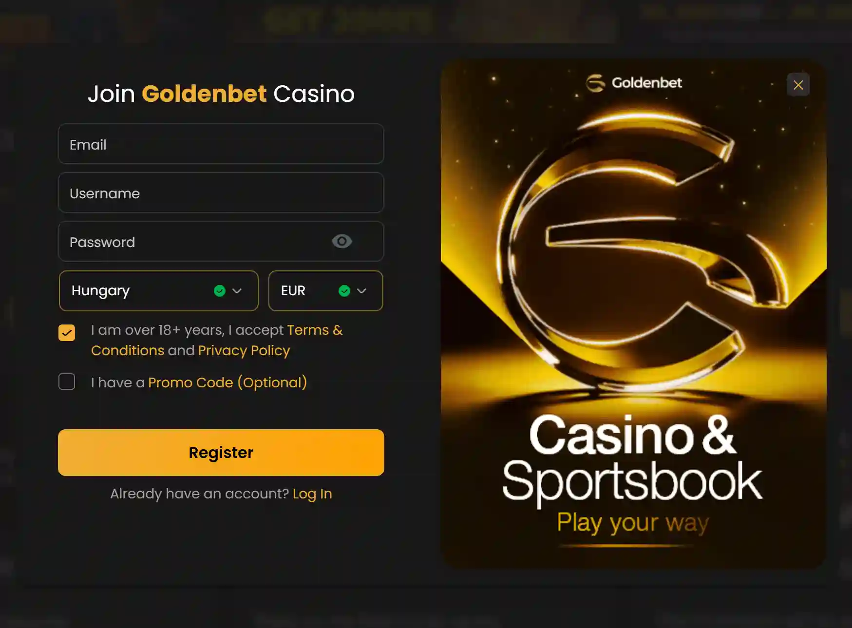 Goldbet regisztrációs űrlap a mezőkkel és a Hungary országválasztással